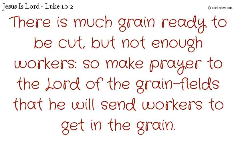 There is much grain ready to be cut, but not enough workers: so make prayer to the Lord of the grain-fields that he will send workers to get in the grain.
