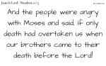 And the people were angry with Moses and said, If only death had overtaken us when our brothers came to their death before the Lord!